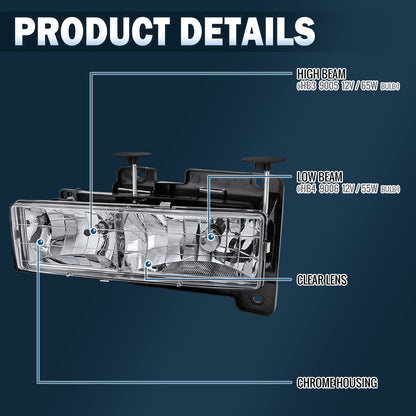 Ronnin - Compatible con Chevy GMC C10 C/K Sierra Silverado Blazer Yukon Tahoe de 1988-1999 | Par de faros de repuesto | Cromado