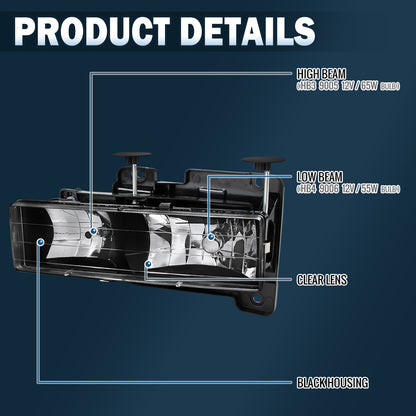 Ronnin - Compatible con Chevy GMC C10 C/K Sierra Silverado Blazer Yukon Tahoe de 1988-1999 | Par de faros de repuesto | Negro