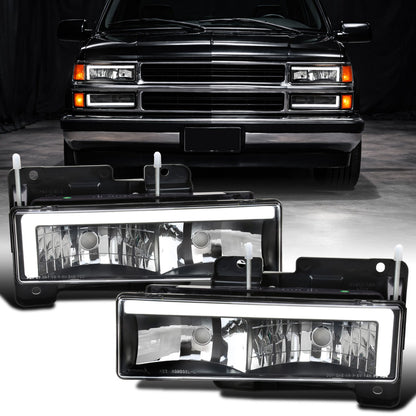 Ronnin - Se adapta a Chevy GMC C10 C/K Sierra Silverado Blazer Yukon Tahoe de 1988-1999 Par de faros delanteros con tubo LED de repuesto mejorado | Negro