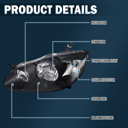 Ronnin - Conjunto de faros de repuesto con reflector transparente para Toyota Corolla 2003-2008 | Negro