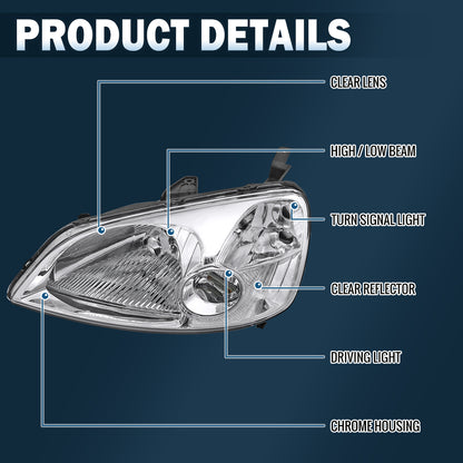 Ronnin - Se adapta a Honda Civic Coupé Sedán 2001-2003 Reflector Transparente Par de Faros de Repuesto | Cromado