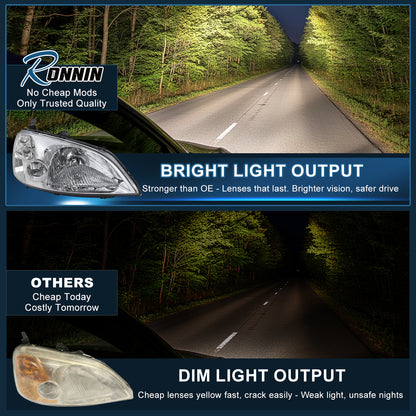 Ronnin - Se adapta a Honda Civic Coupé Sedán 2001-2003 Reflector Transparente Par de Faros de Repuesto | Cromado