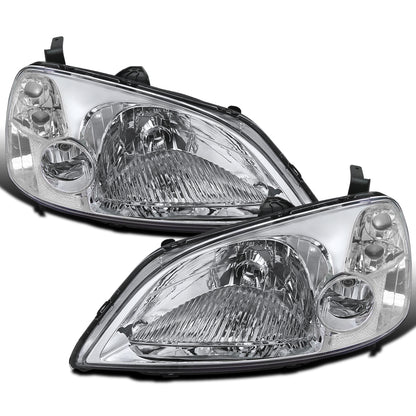 Ronnin - Se adapta a Honda Civic Coupé Sedán 2001-2003 Reflector Transparente Par de Faros de Repuesto | Cromado