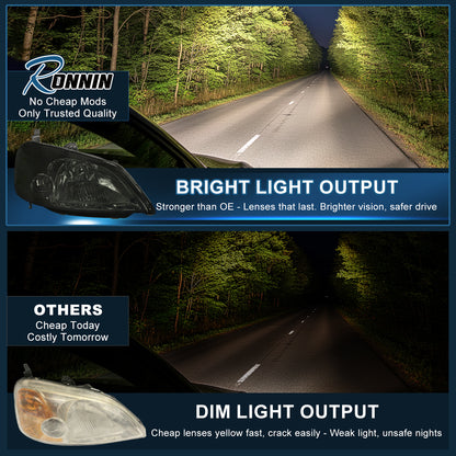 Ronnin - Se adapta a Honda Civic Coupé Sedán 2001-2003, par de faros delanteros de repuesto con reflector transparente | Ahumado