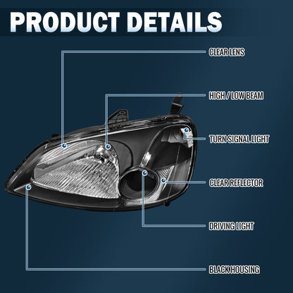 Ronnin - Se adapta a Honda Civic Coupé Sedán 2001-2003 Conjunto de faros delanteros de repuesto con reflector transparente | Negro