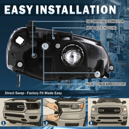 Ronnin - Se adapta a Honda Civic Coupé Sedán 2001-2003 Conjunto de faros delanteros de repuesto con reflector transparente | Negro