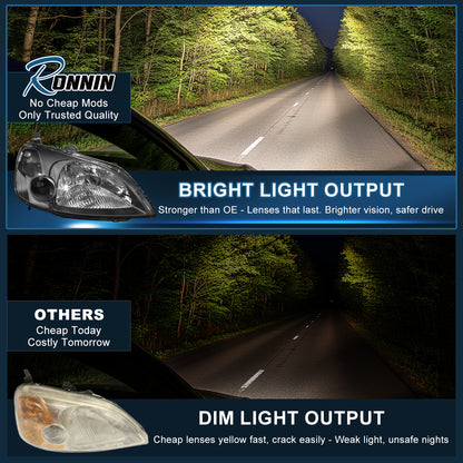 Ronnin - Se adapta a Honda Civic Coupé Sedán 2001-2003 Conjunto de faros delanteros de repuesto con reflector transparente | Negro