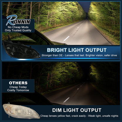 Ronnin - Compatible con Honda Civic Coupé de 2 puertas y Sedán de 4 puertas 2004-2005 Faros delanteros Par | Ahumado
