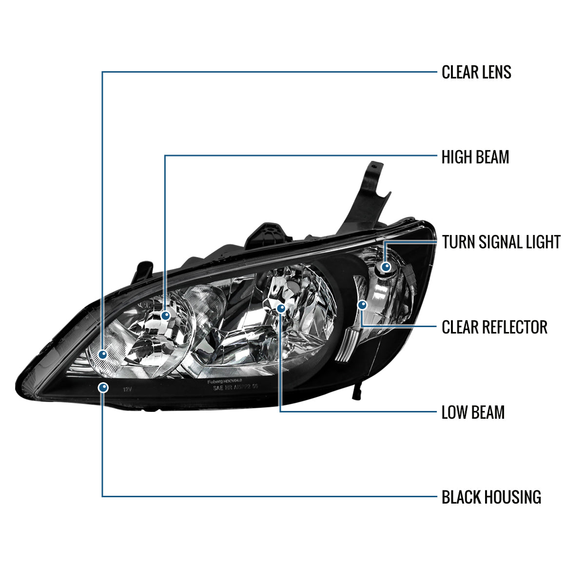 Ronnin - Fits 2004-2005 Honda Civic 2-Door Coupe 4-Door Sedan Headlights Pair | Black