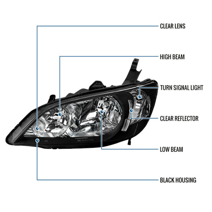 Ronnin - Fits 2004-2005 Honda Civic 2-Door Coupe 4-Door Sedan Headlights Pair | Black