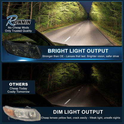 Ronnin - Se adapta a Honda Civic Coupé de 2 puertas 2006-2011 con reflector transparente | Montaje de faros de repuesto Par | Ahumado
