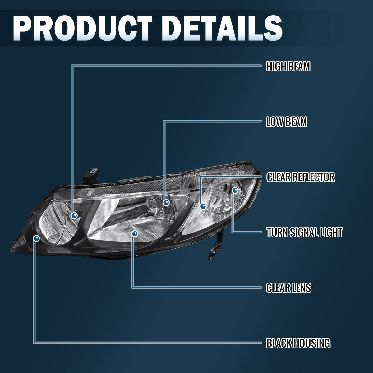 Ronnin - Conjunto de faros delanteros de repuesto con reflectores transparentes para Honda Civic Sedán 2006-2011 | Negro