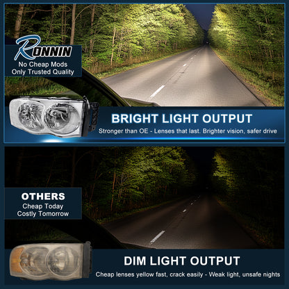 Ronnin - Fits 2002-2005 Dodge Ram 1500 2500 3500 Clear Reflector Factory Style Replacement Headlights Assembly Pair | Chrome