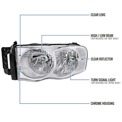 Ronnin - Fits 2002-2005 Dodge Ram 1500 2500 3500 Clear Reflector Factory Style Replacement Headlights Assembly Pair | Chrome