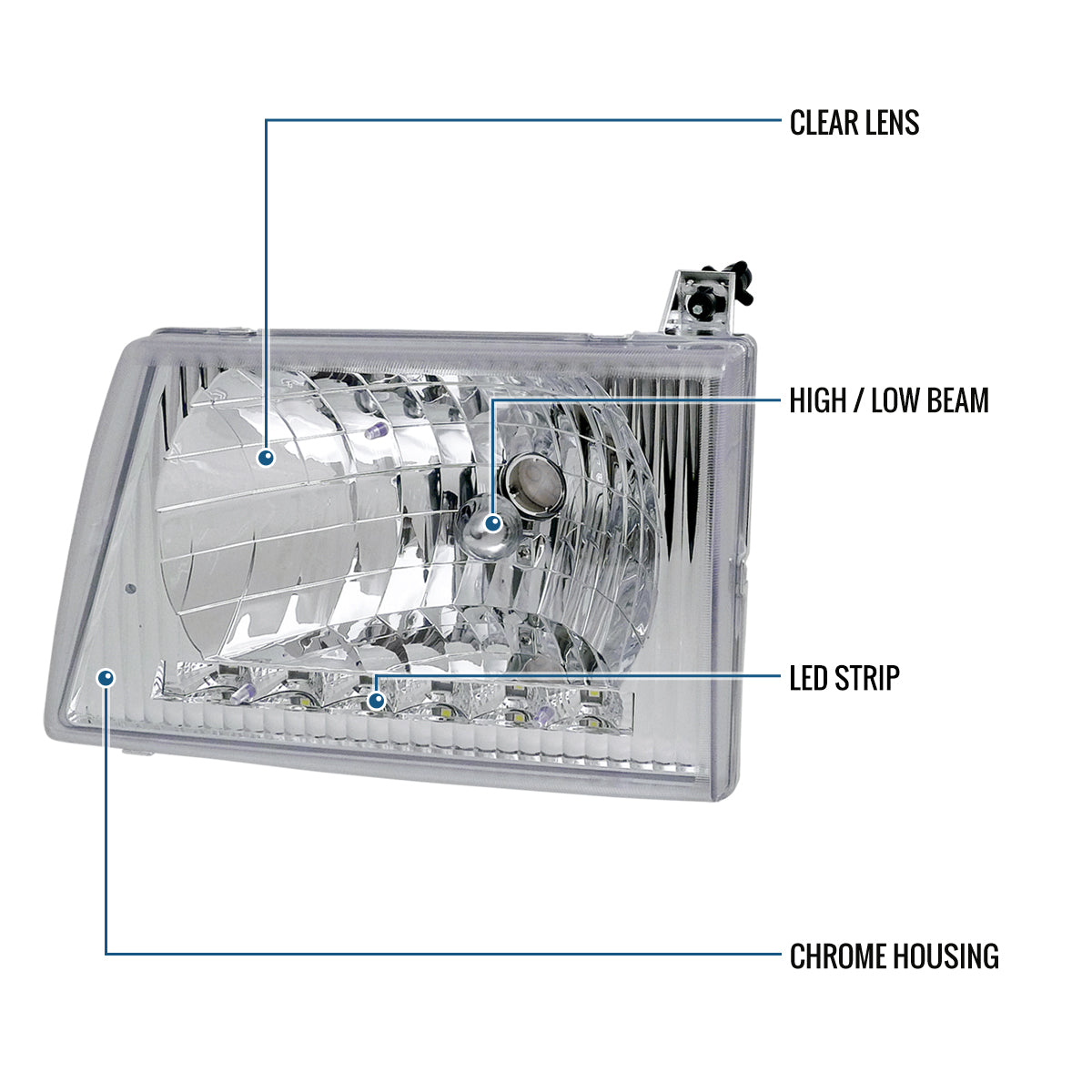 1992-2006 Ford Econoline E-Series Halogen Headlights LED Lights Replacement Pair | Chrome