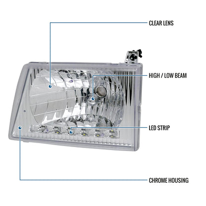 1992-2006 Ford Econoline E-Series Halogen Headlights LED Lights Replacement Pair | Chrome