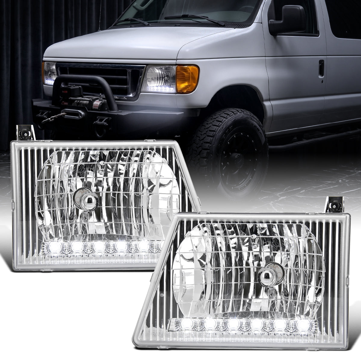 1992-2006 Ford Econoline E-Series Halogen Headlights LED Lights Replacement Pair | Chrome