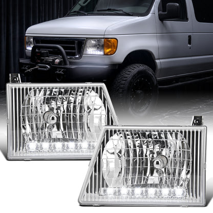 1992-2006 Ford Econoline E-Series Halogen Headlights LED Lights Replacement Pair | Chrome