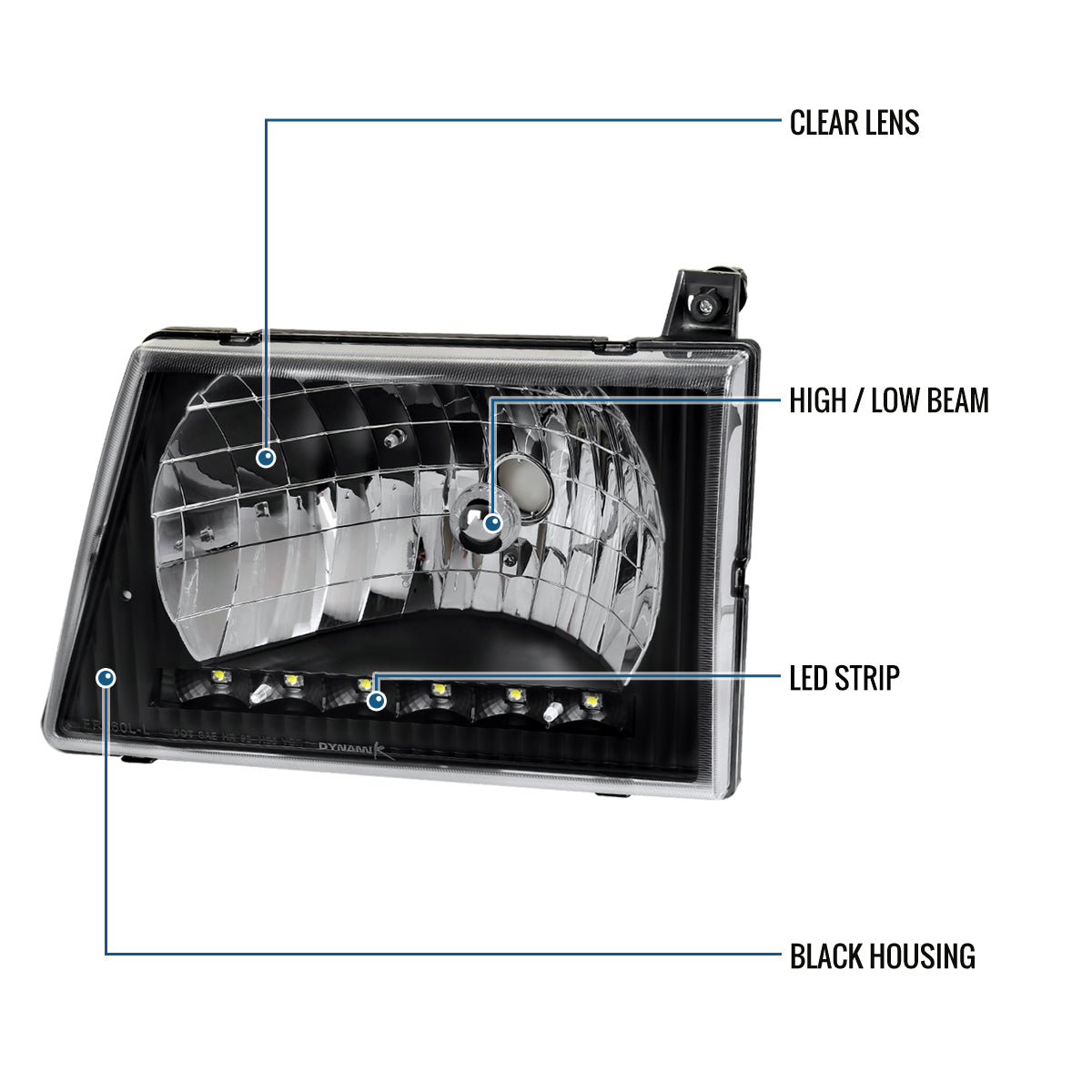1992-2006 Ford Econoline E-Series Halogen Headlights LED Lights Replacement Pair | Black