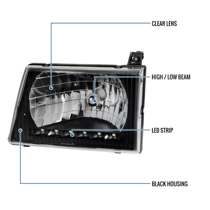 1992-2006 Ford Econoline E-Series Halogen Headlights LED Lights Replacement Pair | Black