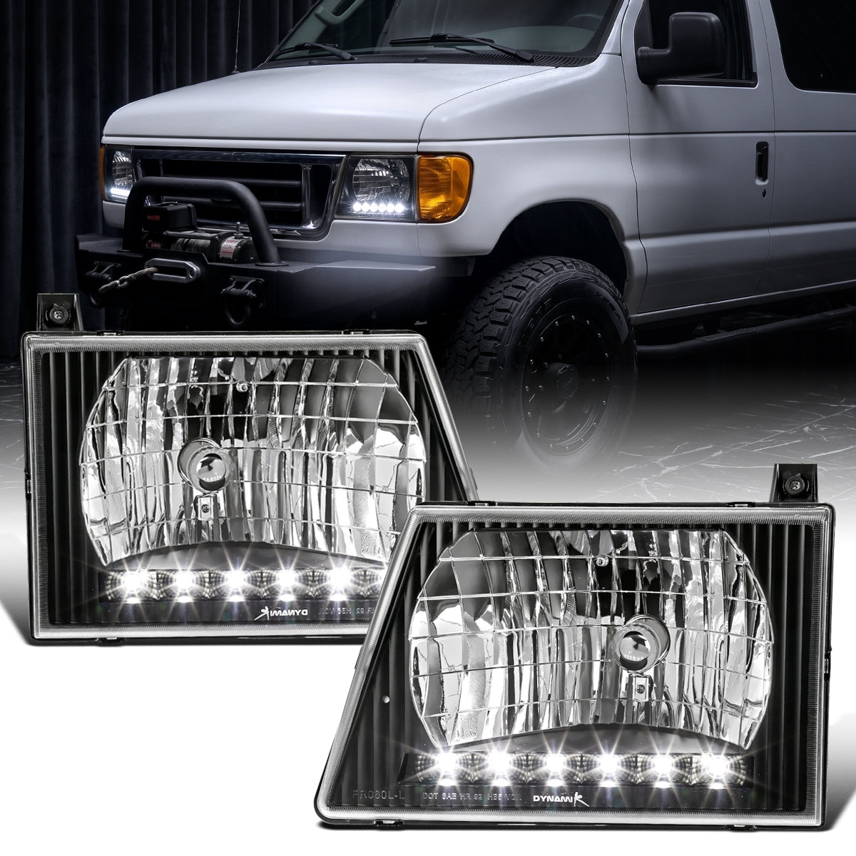 1992-2006 Ford Econoline E-Series Halogen Headlights LED Lights Replacement Pair | Black