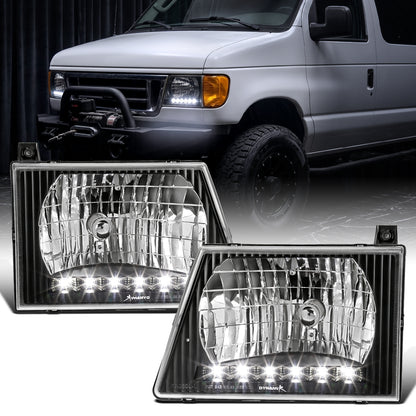1992-2006 Ford Econoline E-Series Halogen Headlights LED Lights Replacement Pair | Black