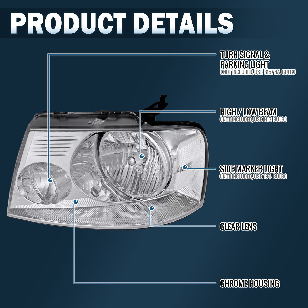 Ronnin - Faros delanteros halógenos de repuesto con reflector transparente para Ford F150 2004-2008 Lincoln Mark LT | Cromados