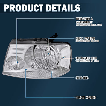 Ronnin - Faros delanteros halógenos de repuesto con reflector transparente para Ford F150 2004-2008 Lincoln Mark LT | Cromados