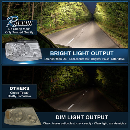 Ronnin - Faros delanteros halógenos de repuesto con reflector transparente para Ford F150 2004-2008 Lincoln Mark LT | Cromados