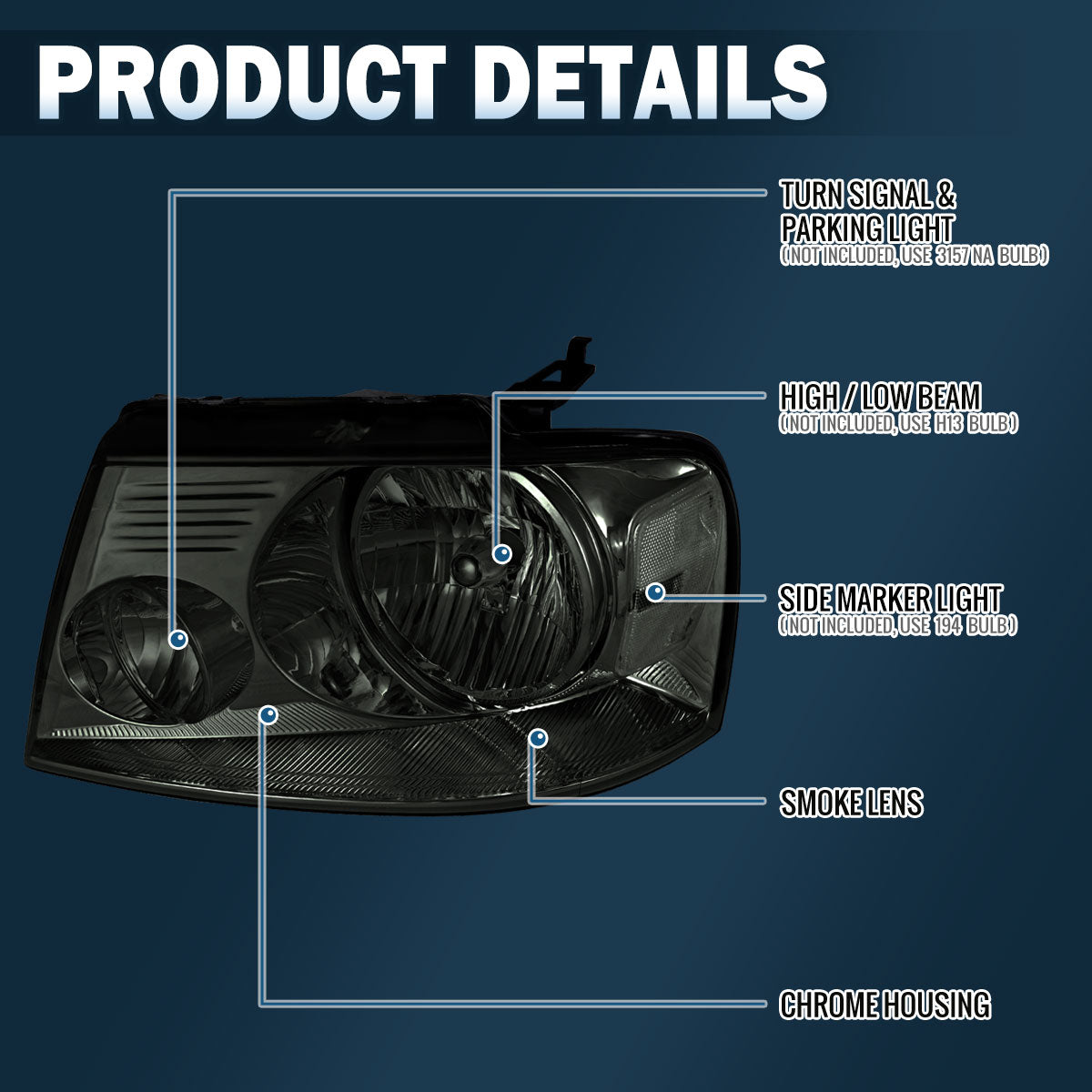 2004-2008 Ford F150 Lincoln Mark LT Clear Reflector  Replacement Halogen Headlights Assembly Pair | Smoke