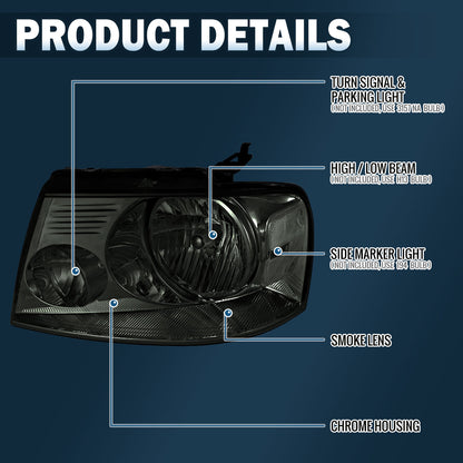 2004-2008 Ford F150 Lincoln Mark LT Clear Reflector  Replacement Halogen Headlights Assembly Pair | Smoke