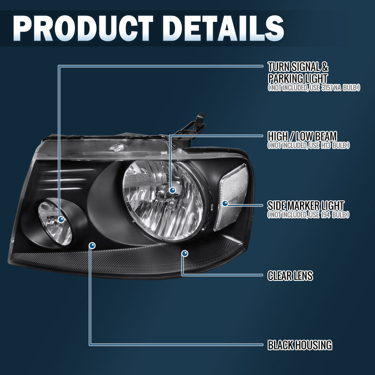 2004-2008 Ford F150 Lincoln Mark LT Clear Reflector  Replacement Halogen Headlights Assembly Pair | Black