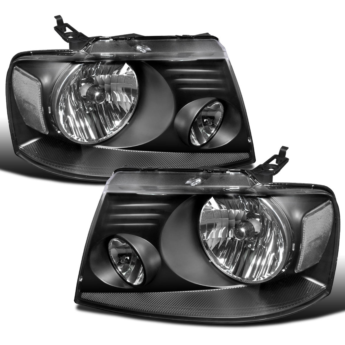 2004-2008 Ford F150 Lincoln Mark LT Clear Reflector  Replacement Halogen Headlights Assembly Pair | Black