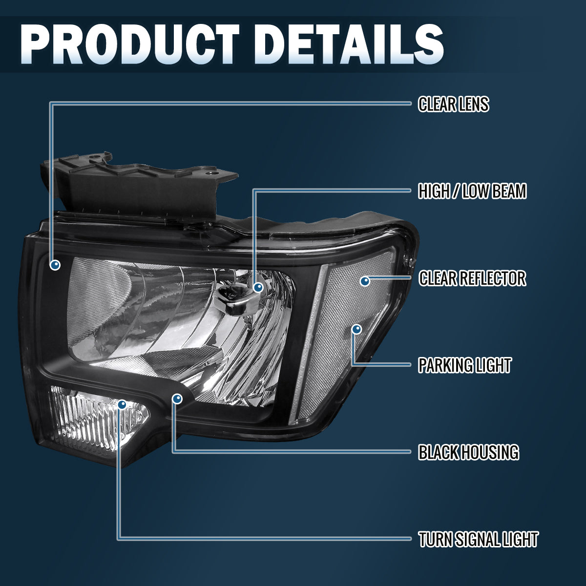 Ronnin - Fits 2009-2014 Ford F-150 Clear Reflector Factory Replacement Halogen Headlights Assembly Pair | Black