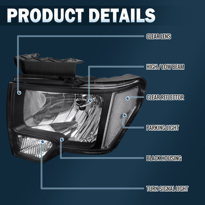 Ronnin - Fits 2009-2014 Ford F-150 Clear Reflector Factory Replacement Halogen Headlights Assembly Pair | Black
