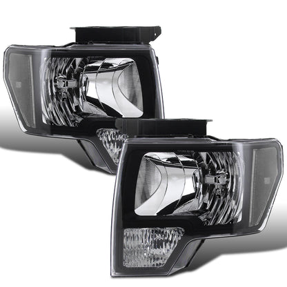 Ronnin - Fits 2009-2014 Ford F-150 Clear Reflector Factory Replacement Halogen Headlights Assembly Pair | Black