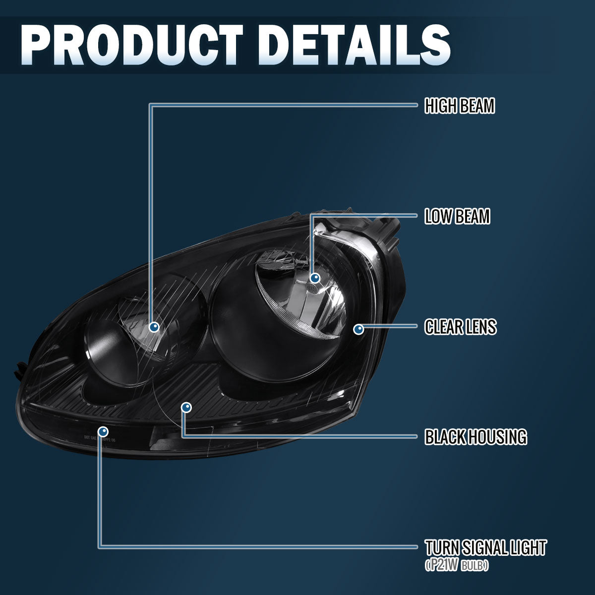 Ronnin - Compatible con Volkswagen Jetta Golf Rabbit 2005-2010 Par de faros delanteros halógenos de repuesto | Negros