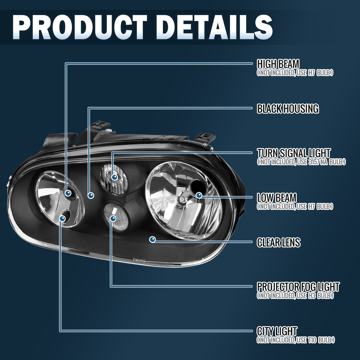 Ronnin - Compatible con Volkswagen Golf GTI Cabrio R32 1999-2006 | Par de Conjuntos de Faros de Repuesto | Negro