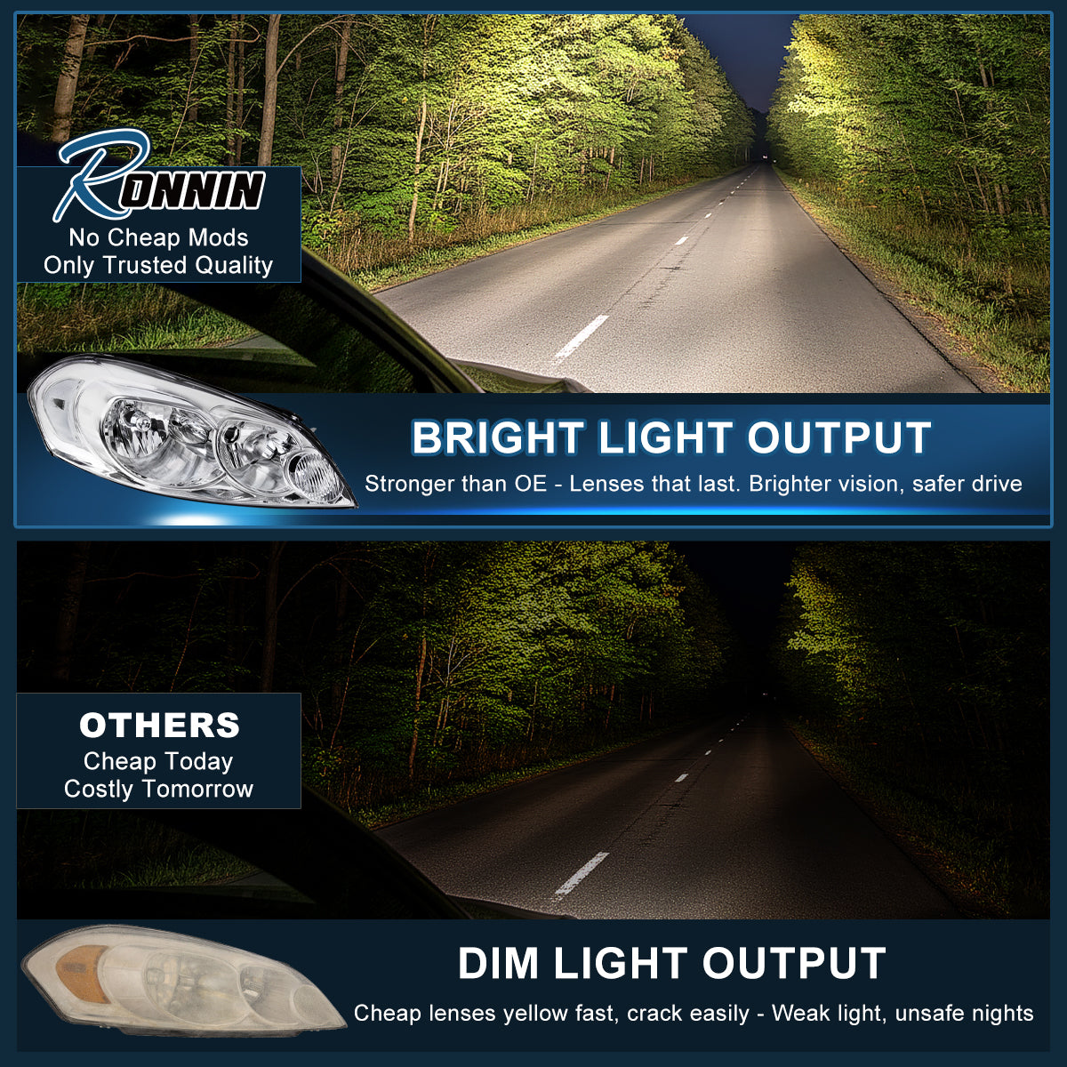 Ronnin - Fits 2006-2013 Chevy Impala 2014-2016 Impala Limited 2006-2007 Monte Carlo Clear Reflector Factory Replacement Halogen Headlights Assembly Pair | Chrome
