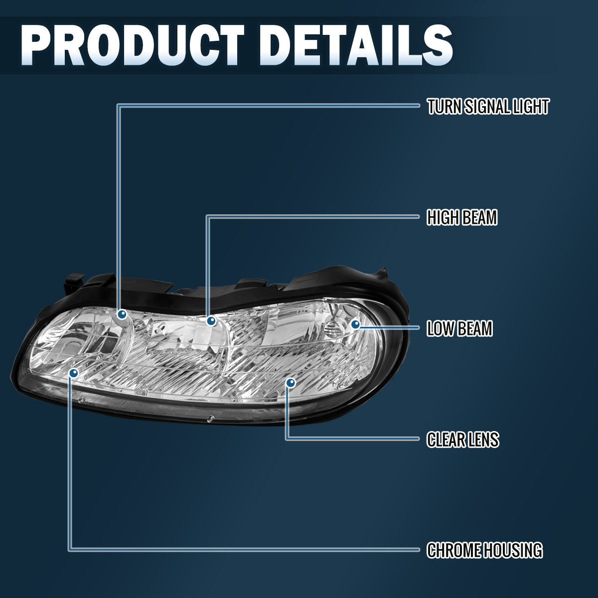1997-2003 Chevy Malibu 2004-2005 Chevy Classic 1997-1999 Oldsmobile Cutlass Clear Reflector  Replacement Headlights Assembly Pair | Chrome