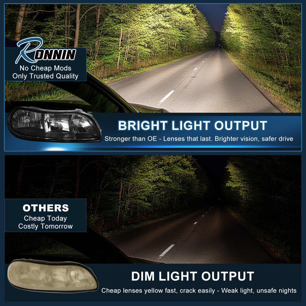 Ronnin - Se adapta a Chevy Malibu 1997-2003, Chevy Classic 2004-2005, Oldsmobile Cutlass 1997-1999, conjunto de faros de repuesto con reflector transparente, par | Negro