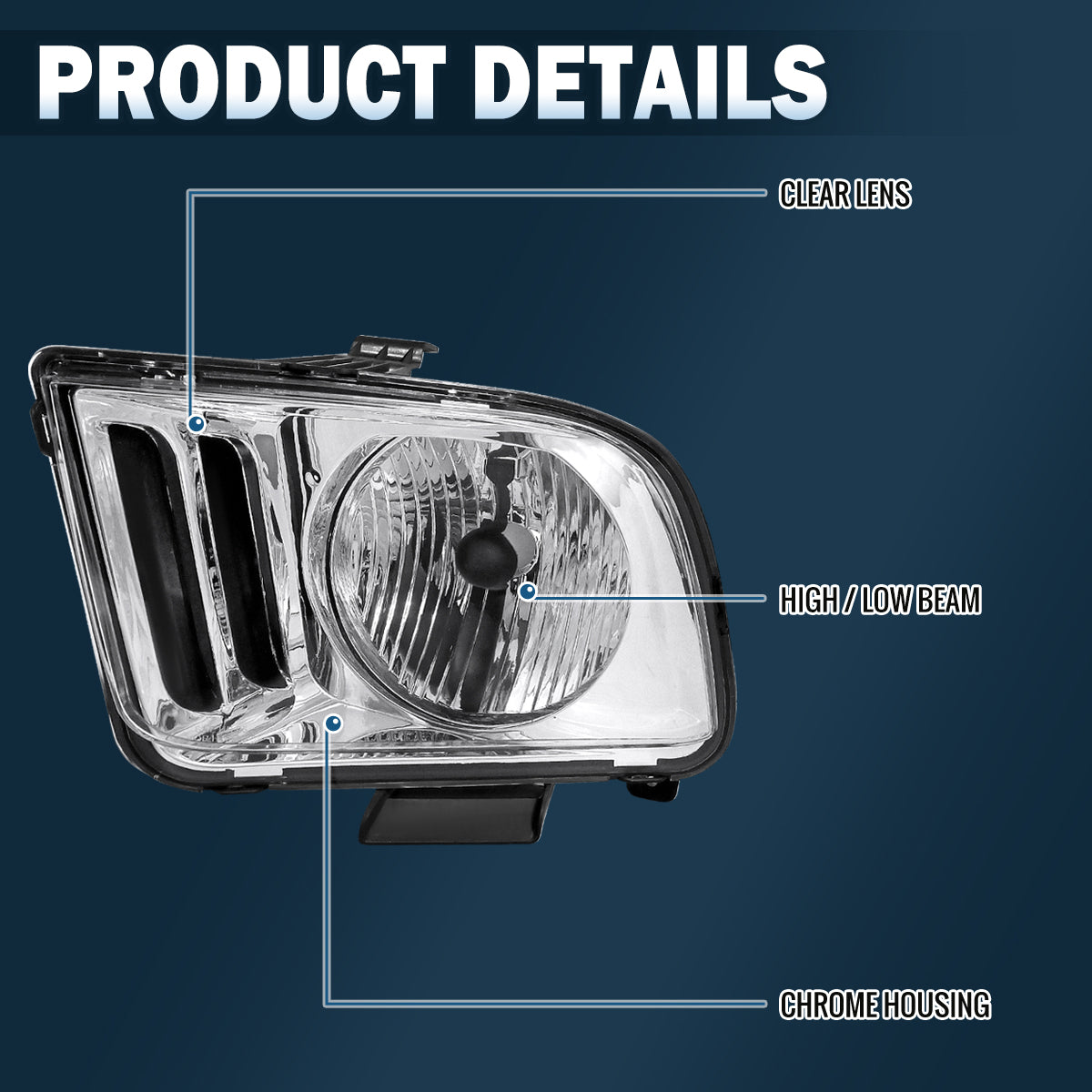 Ronnin - Compatible con Ford Mustang 2005-2009 | Par de faros halógenos de repuesto | Cromado