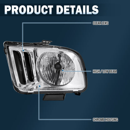 Ronnin - Compatible con Ford Mustang 2005-2009 | Par de faros halógenos de repuesto | Cromado