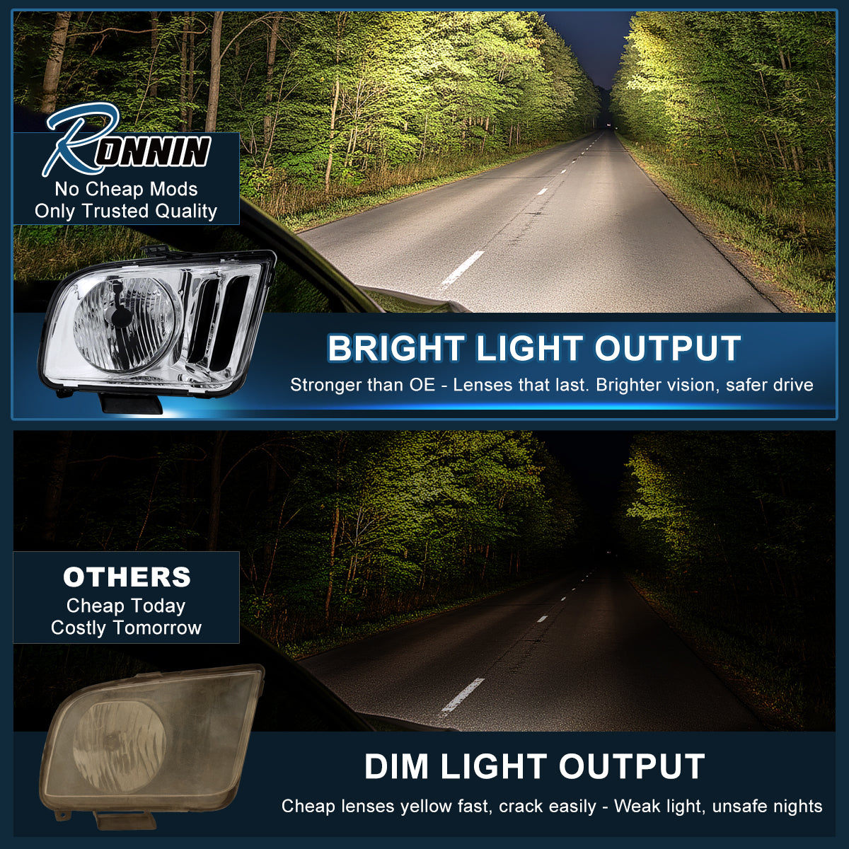 Ronnin - Compatible con Ford Mustang 2005-2009 | Par de faros halógenos de repuesto | Cromado