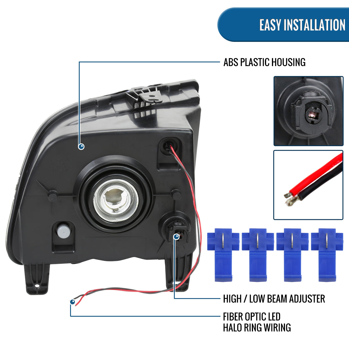Ronnin - Conjunto de faros delanteros halógenos LED Halo Rim para Ford Mustang 2005-2009 | Negro