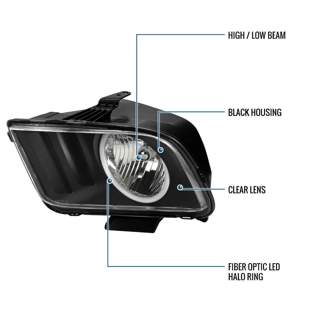 Ronnin - Conjunto de faros delanteros halógenos LED Halo Rim para Ford Mustang 2005-2009 | Negro