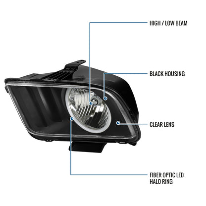 Ronnin - Conjunto de faros delanteros halógenos LED Halo Rim para Ford Mustang 2005-2009 | Negro