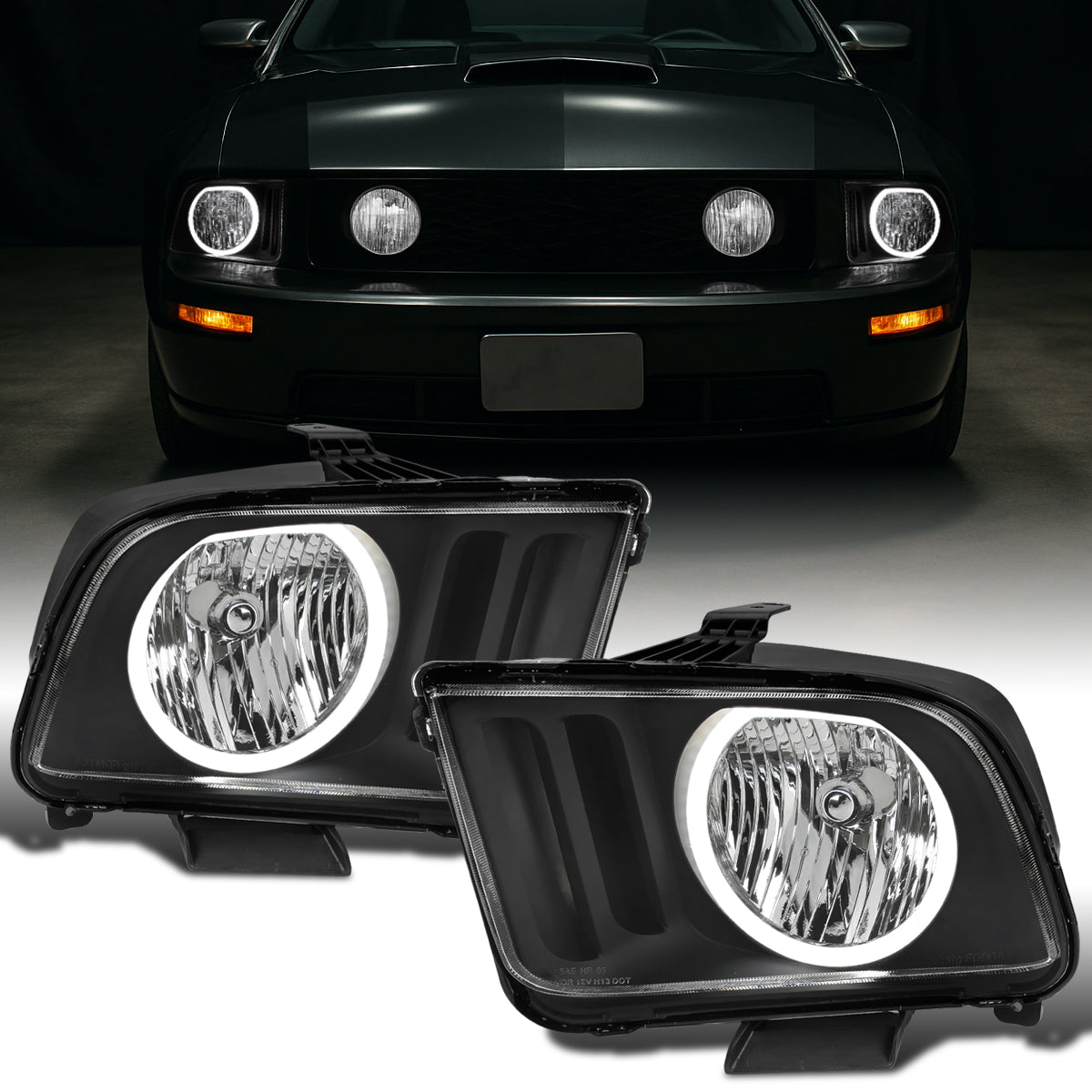 Ronnin - Conjunto de faros delanteros halógenos LED Halo Rim para Ford Mustang 2005-2009 | Negro