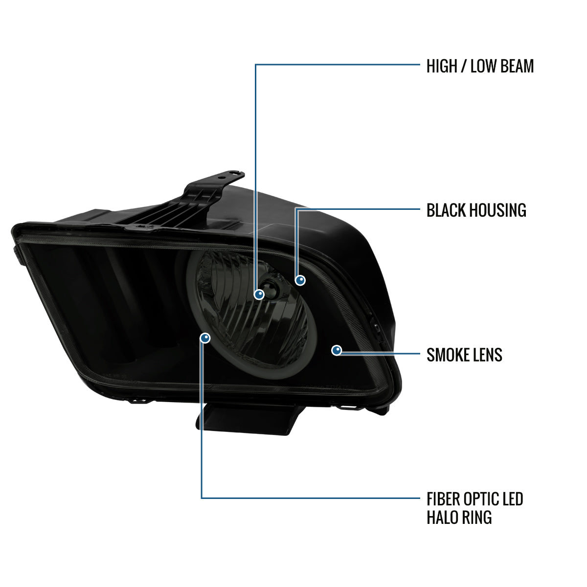 Ronnin - Conjunto de faros delanteros halógenos con aro LED para Ford Mustang 2005-2009 | Negro ahumado