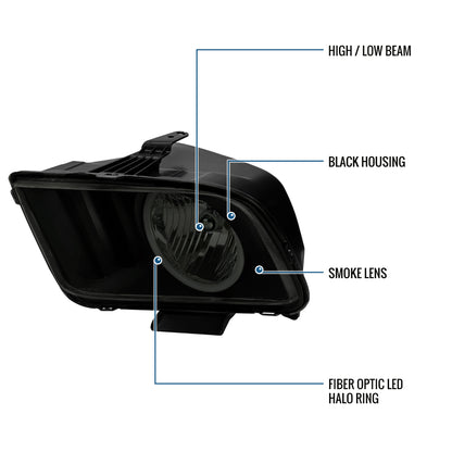 Ronnin - Conjunto de faros delanteros halógenos con aro LED para Ford Mustang 2005-2009 | Negro ahumado